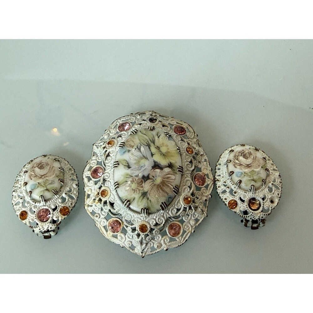 Germany Floral Enamel Hand-Painted Brooch, Clip on Earrings Set Rhinestone Vtg - Picture 4 of 15